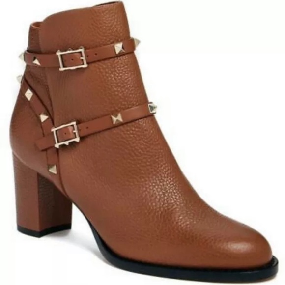 Valentino Shoes - Valentino Rockstud Accents Brown Leather Block Heel Booties -Size 36 - US Size 6